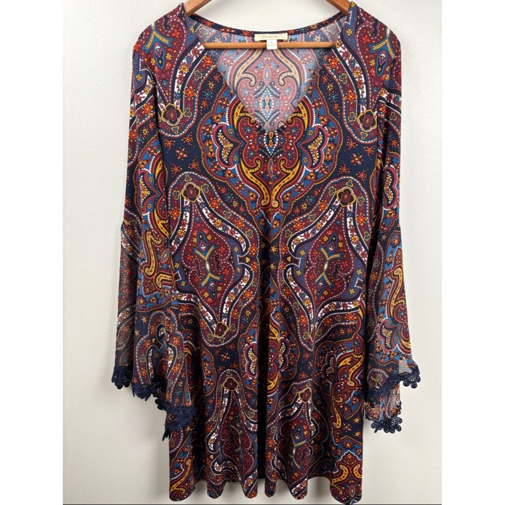 Prelude boho Paisley V-Neck Midi Dress in Navy and Burgundy Medium swing